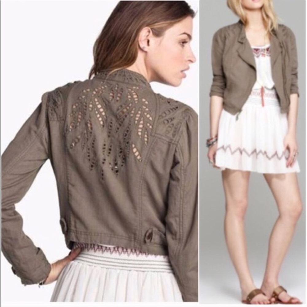 Free People Cropped Laced Moto Jacket Army Green